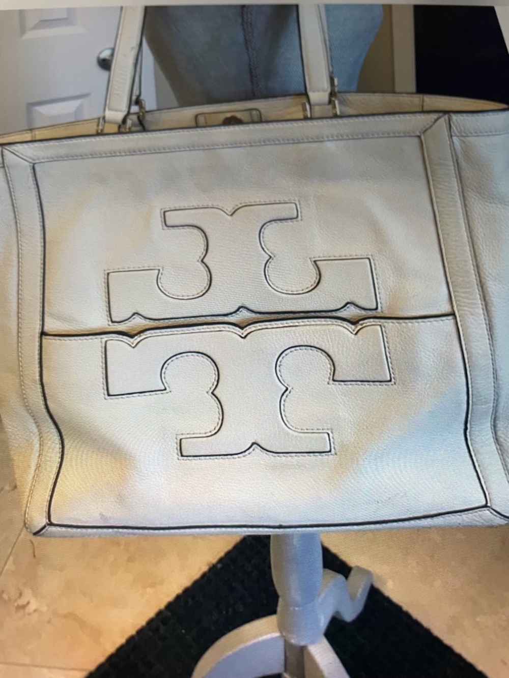 Tory Burch Cream Leather Tote with Signature Logo